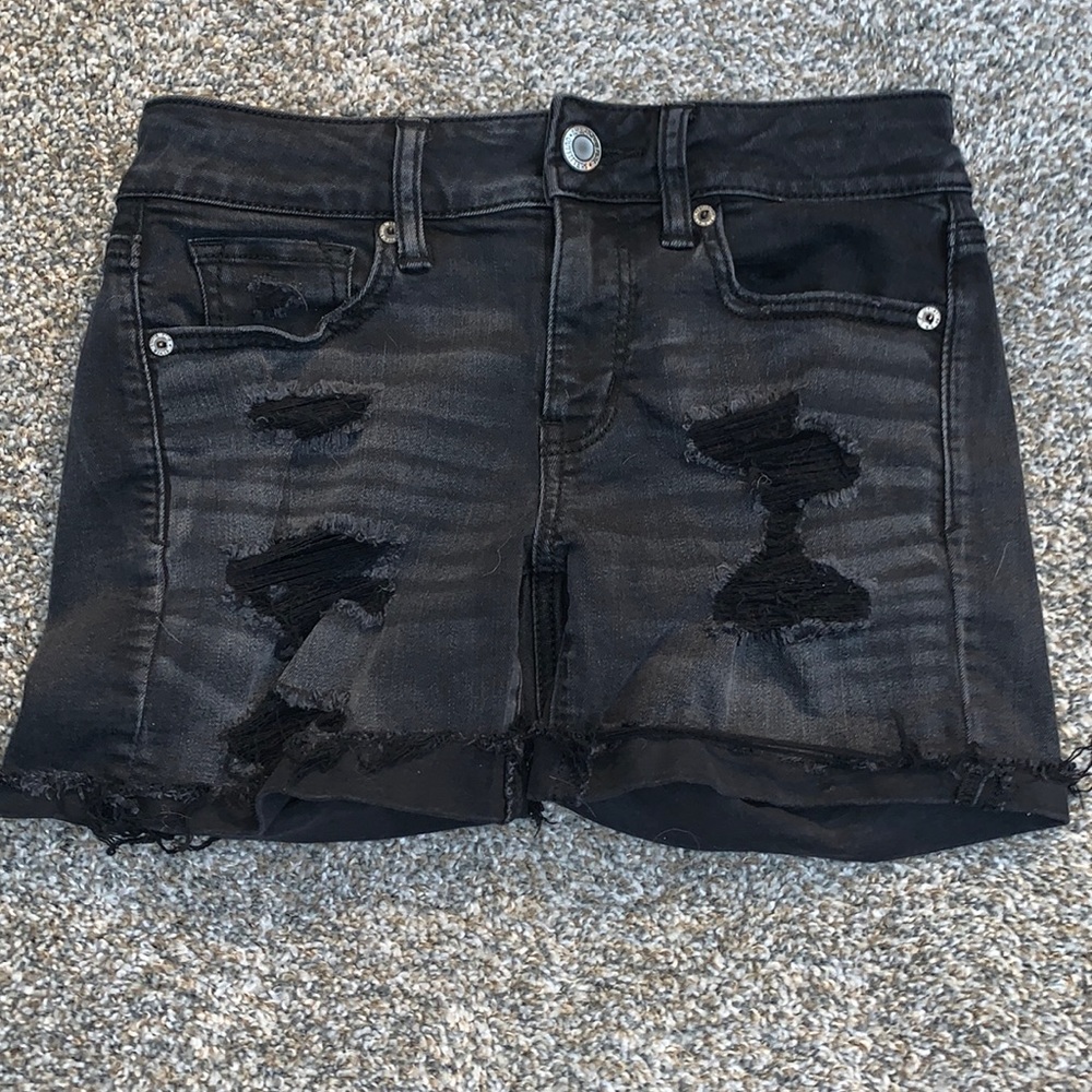 American eagle midi shorts- black denim; distressed